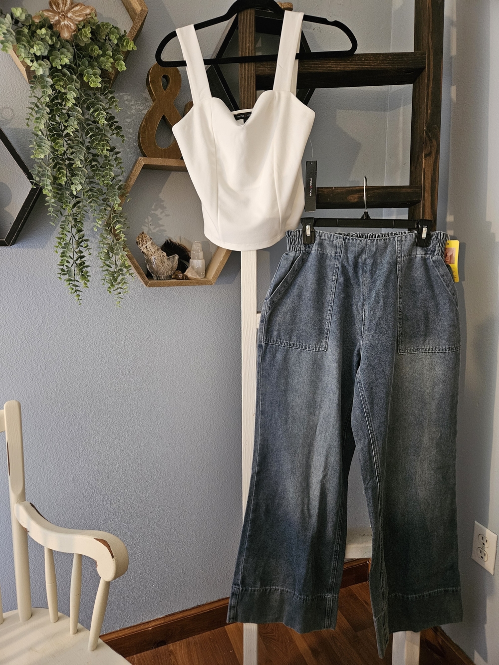 Moa Moa White Cropped Bustier Top with Wide Leg Denim Pants Set NWT Size Medium